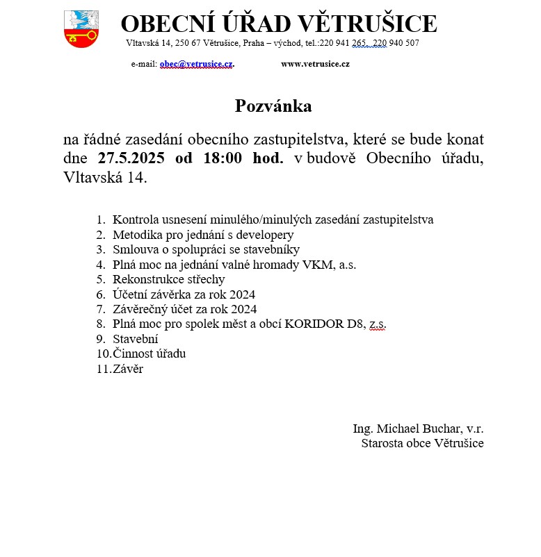 pozvánka na řádné zasedání obecniho zastupitelstva dne 27.05.2025 od 18:00 hodin